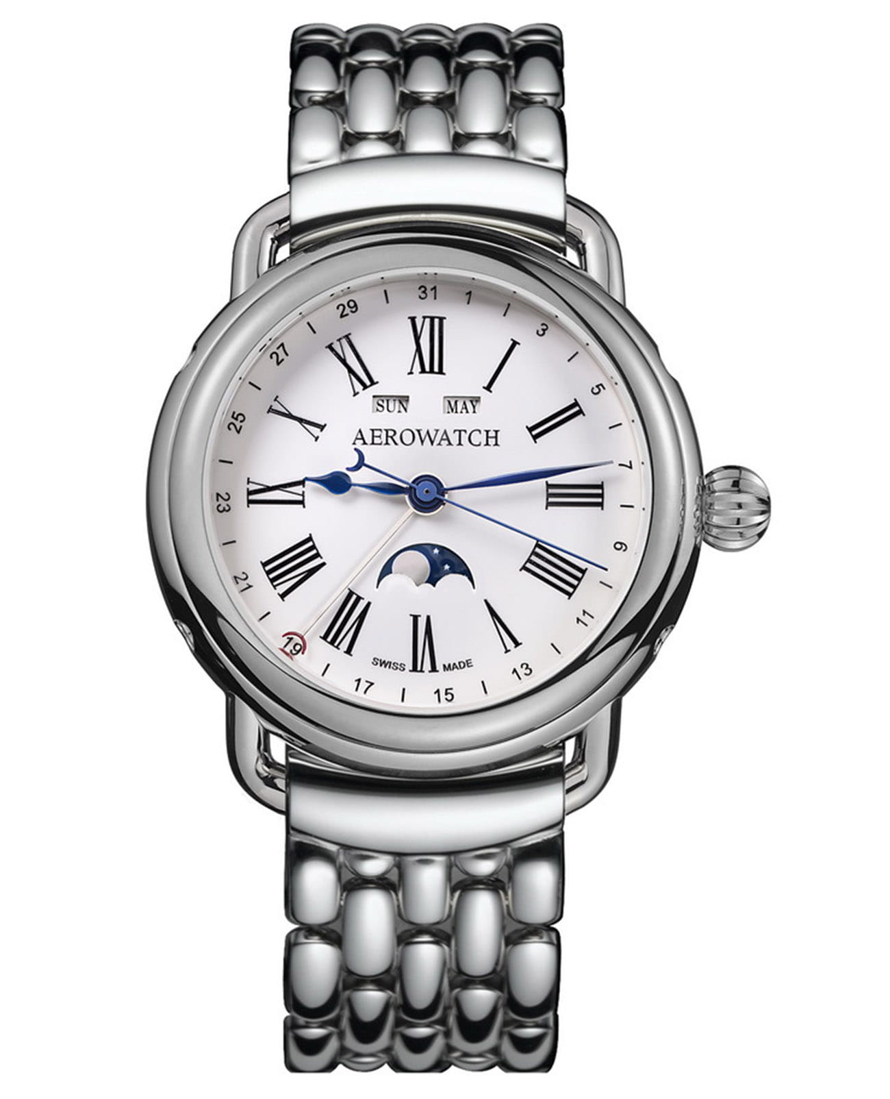 Aerowatch Aerowatch 1942 Moon Phase Automatic 75970 AA01 M  75970 AA01 M механические мужские часы белый циферблат, браслет нержавеющая сталь — вид спереди